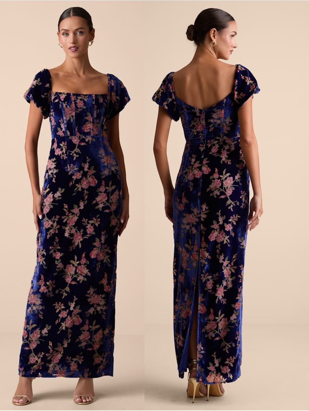 LULUS Floral Velvet Burnout Square Neck Whimsigoth Dark Fairycore Formal Dress M